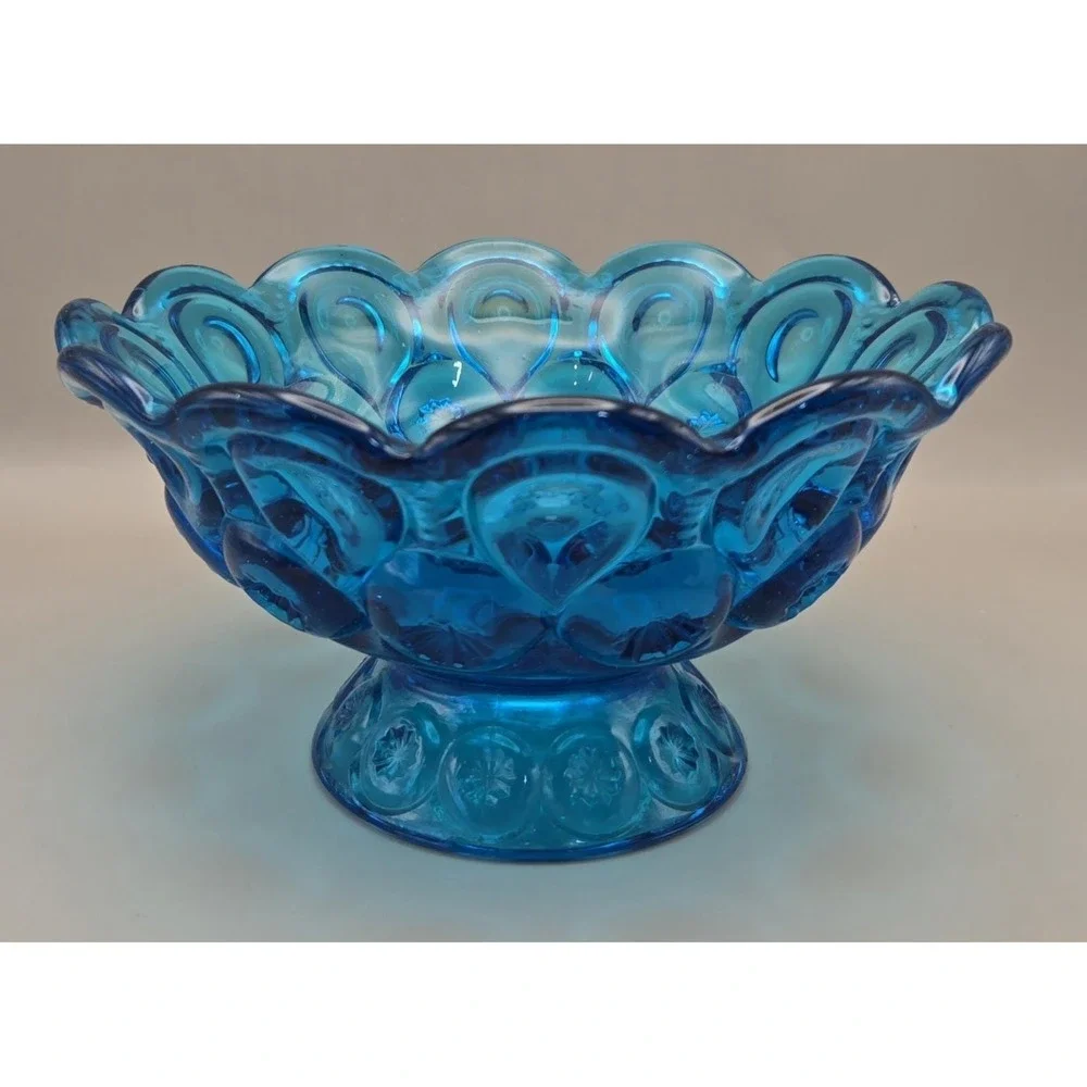 Vintage Bowl Turquoise/Blue L.E. Smith Scalloped  Pedestal 'Moon & Stars' (#21)‎